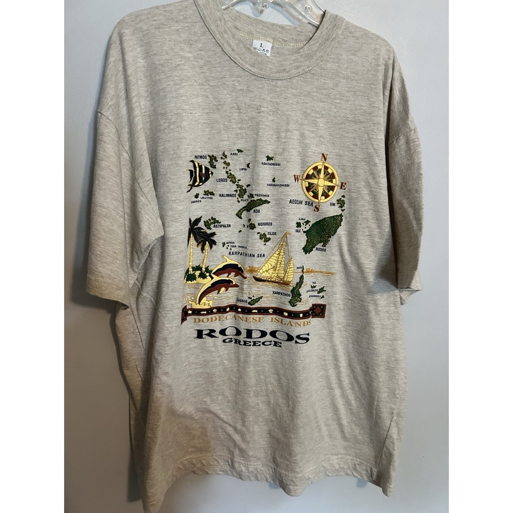 Vintage Rhodes Greece Souvenir T-Shirt Size L Map Graphic Dodecanese Islands‎